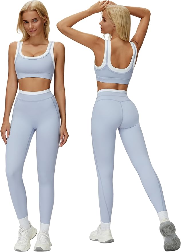 ABOCIW Two Piece Workout Sets for Women Layer Sports Bra Tummy Control High Wait Leggings Gym Yoga Outfits