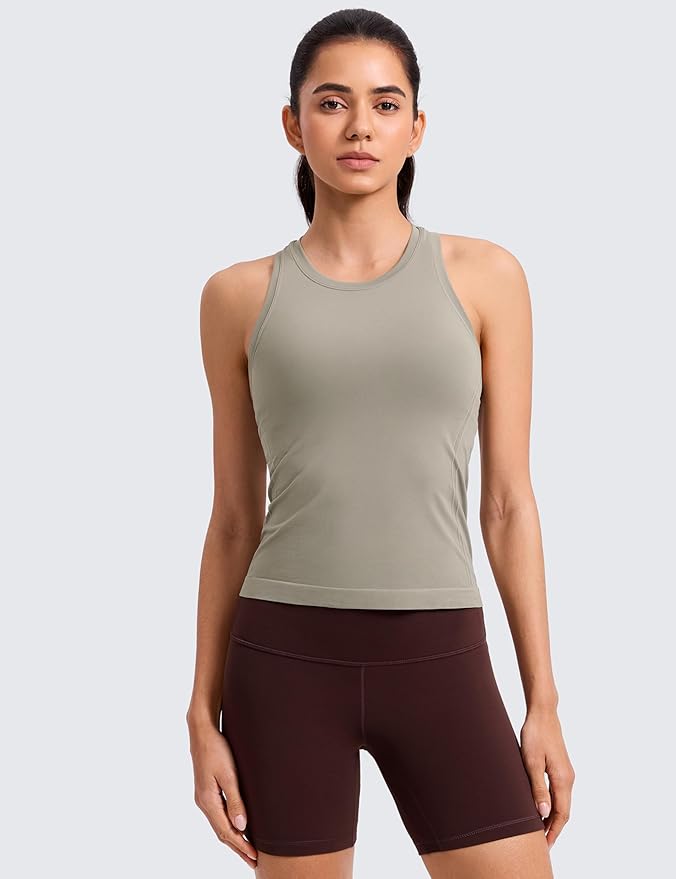 CRZ YOGA Seamless Workout Tank Tops for Women - Athletic Running Gym Sleeveless Shirts Crewneck Racerback Breathable