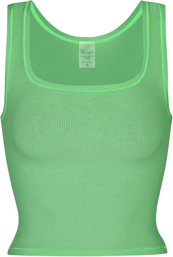 Danysu Women Rib Tank Top Padded Workout Top Square Neck Crop Tank Fitted Basic Cami Tops