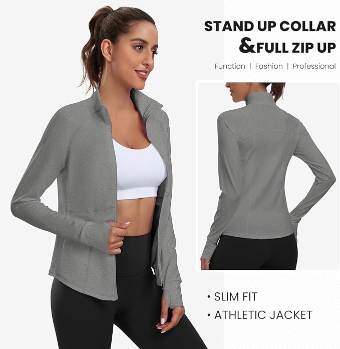 Women's Athletic Jackets Lightweight Sport Workout Jackets Zip Up Running Jackets with Thumb Holes for Gym Yoga
