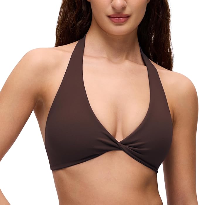 CRZ YOGA Butterluxe Double Lined Twist Halter Sports Bras for Women - Deep V Neck Crop Top Casual Open Back Non Padded