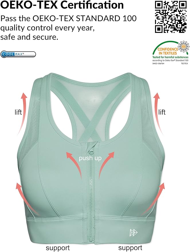 Yvette High Impact Zip Front Sports Bra Mesh Racerback Workout High Support Sports Bras for Women Large Breasts