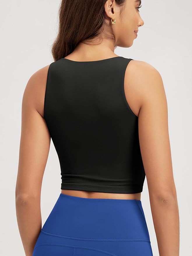 ODODOS Double Layer High Neck Crop Tank for Women Cloud Feeling Sleeveless Casual Yoga Cropped Tops