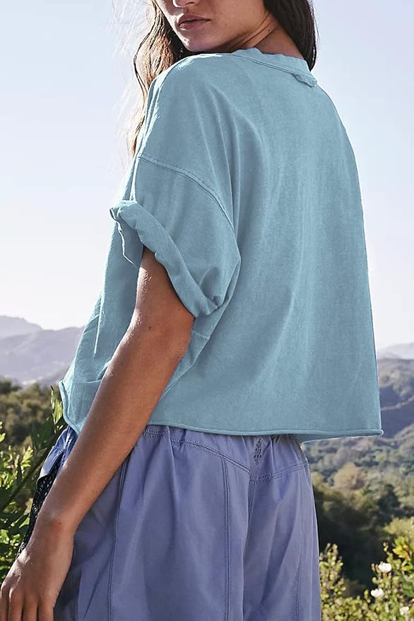 Women's Oversize Workout Crop Tops Casual Short Sleeve Drop Shoulder Boxy T-Shirts Roll Hem Basic Loose Yoga Running Tees