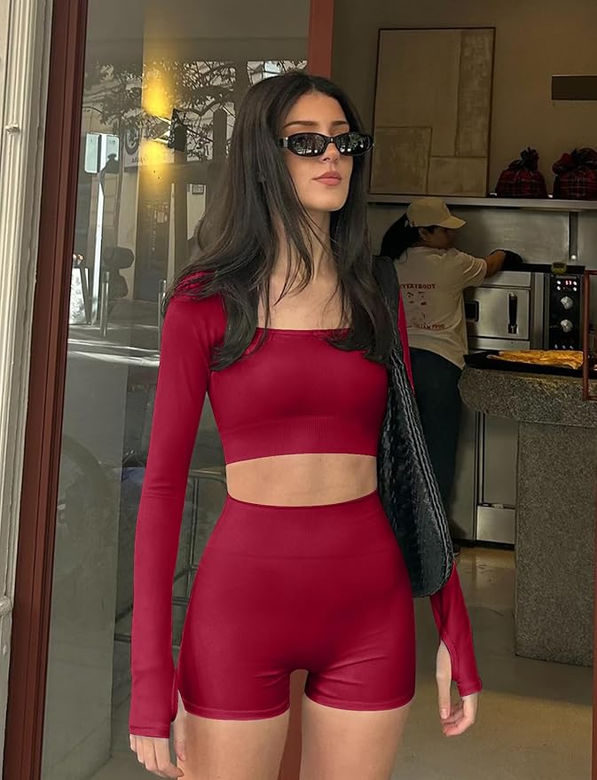 Two Piece Workout Set for Women Long Sleeve Top Matching High Waist Scrunch Butt Shorts Gym Sets Yoga Outfits Sets