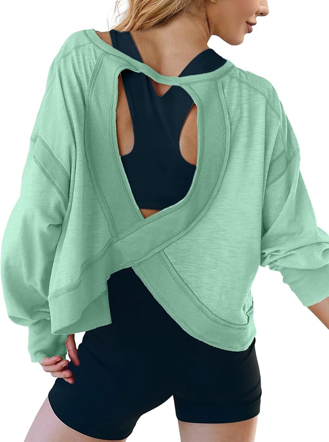 UNIANKIYA Open Back Workout Tops for Women Long Sleeve Cropped Athletic Clothes Gym Running Yoga Low Impact Sports T Shirts