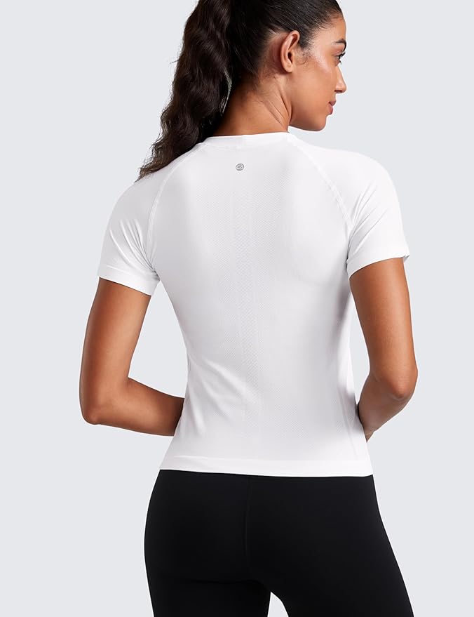 CRZ YOGA Seamless Workout Tops for Women Waist Length - Running Gym Athletic Yoga Short Sleeve Shirts Breathable Crewneck