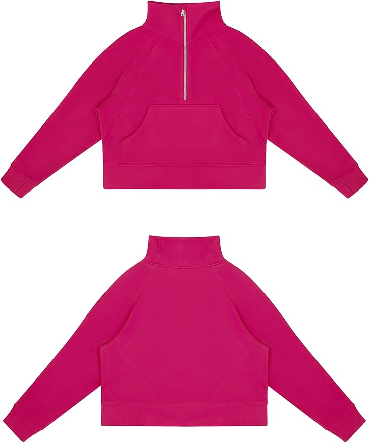 THE GYM PEOPLE Womens' Half Zip Pullover Fleece Stand Collar Crop Sweatshirt with Pockets Thumb Hole
