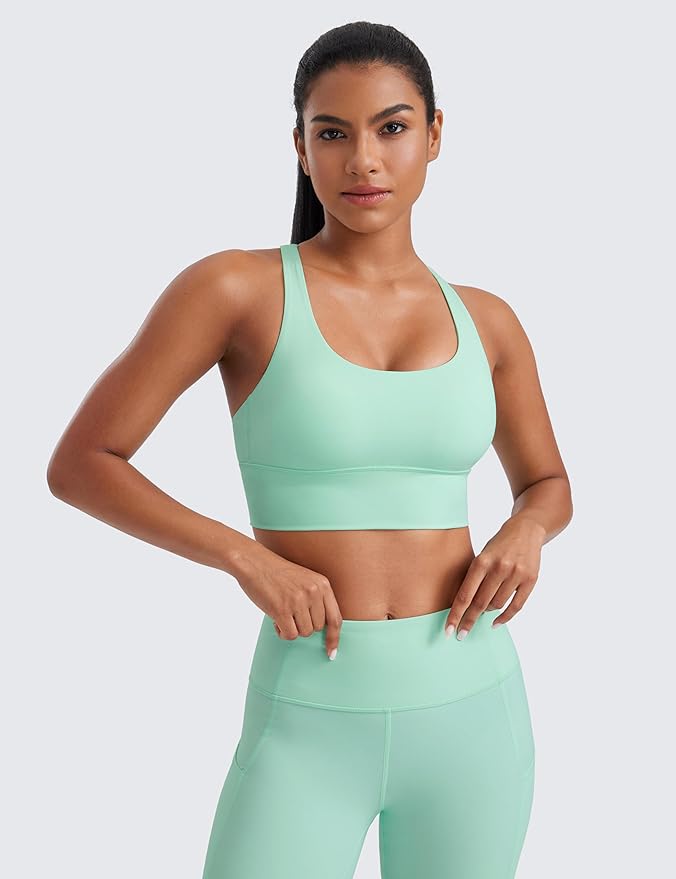 CRZ YOGA Naked Feeling Strappy Longline Sports Bras for Women - Medium Impact Criss Cross Yoga Padded Workout Crop Top