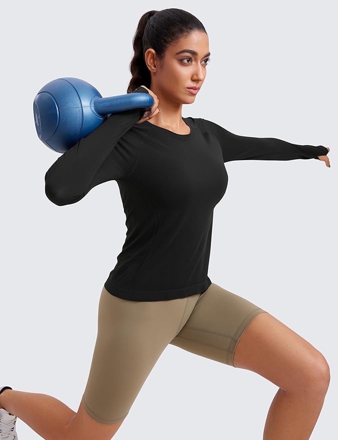 CRZ YOGA Seamless Long Sleeve Shirts for Women Waist Length - Workout Athletic Running Gym Yoga Tops Crewneck Breathable
