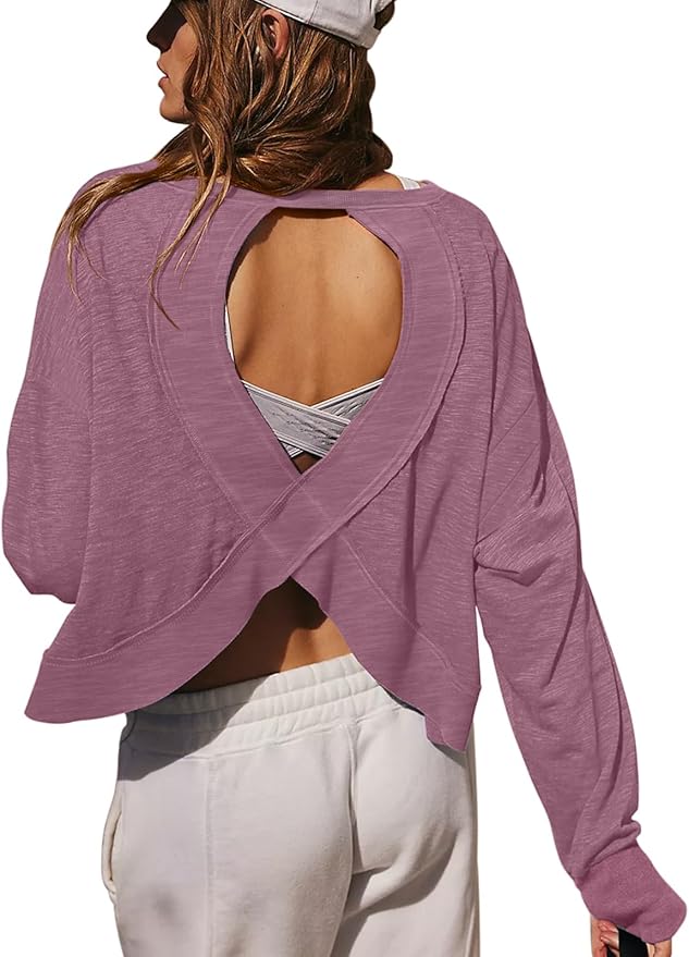 LASLULU Womens Open Back Long Sleeve Workout Tops Athletic Shirts Boat Neck Casual Running Tee Y2k Yoga Gym Tops
