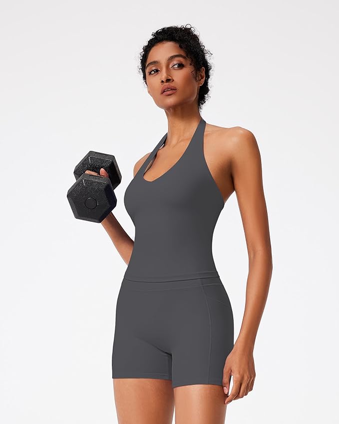 RXRXCOCO Halter Workout Sets for Women 2 Piece V Neck Tank Tops Hidden Scrunch Booty Shorts Gym Outfits with Pockets