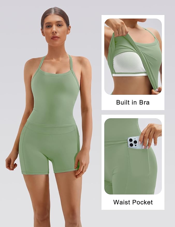 SUUKSESS Women 2 Piece Workout Sets High Waisted Biker Shorts with Pockets Built in bra Racerback Tank Tops
