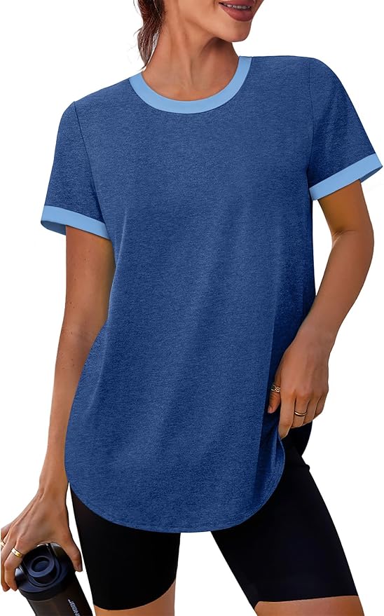 Womens Workout Tops Summer Short Sleeve Shirts Athletic Color Block Gym Clothes Outfits Sun Protection UPF 50+ T Shirts