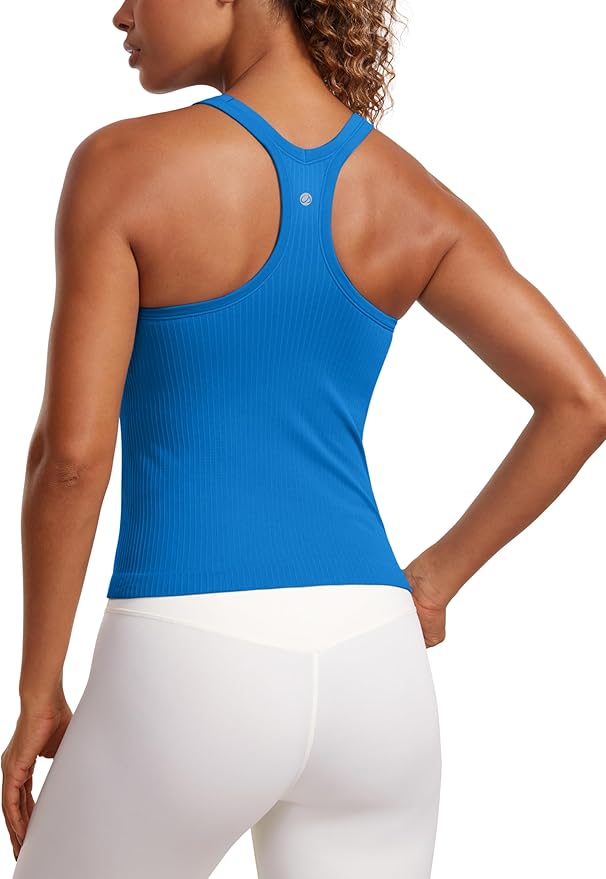 CRZ YOGA Seamless Ribbed Scoop Neck Tank Top for Women - Workout Racerback Padded Athletic Camisole with Built in Bra