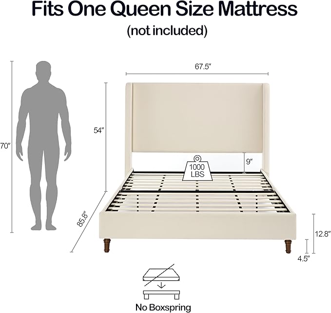 Upholstered Bed Frame Queen Size, 54" Tall Headboard Wingback Upholstered Platform Bed Frame for Kids Teens Adults Bedroom Strong Wood Slats Support/No Box Spring Needed/Easy Assembly, Beige