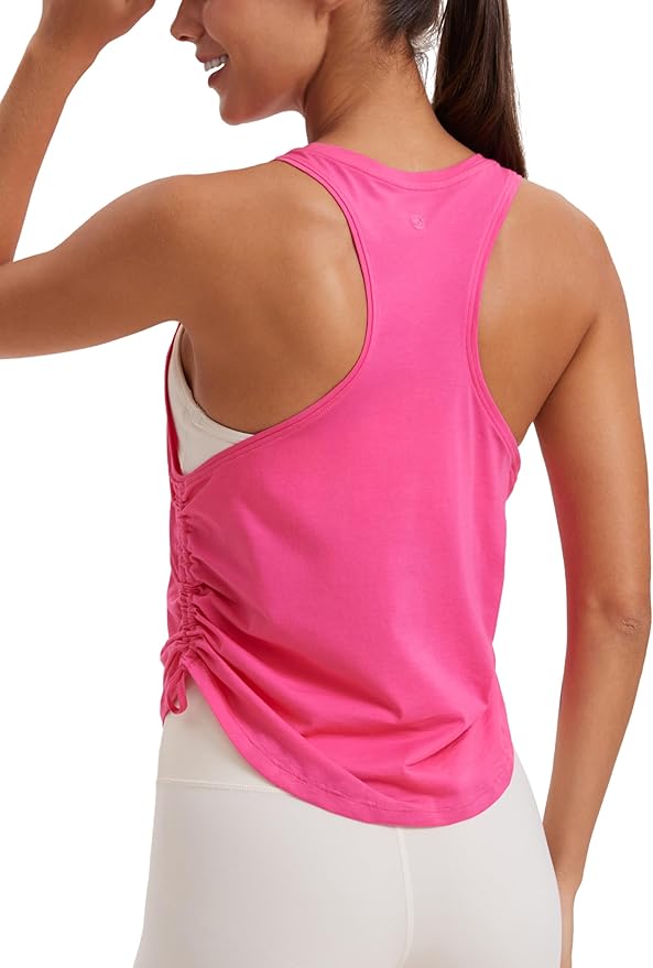 CRZ YOGA Pima Cotton Ruched Side Tank Tops for Women - Workout Athletic Casual Racerback Crewneck Loose Sleeveless Shirts