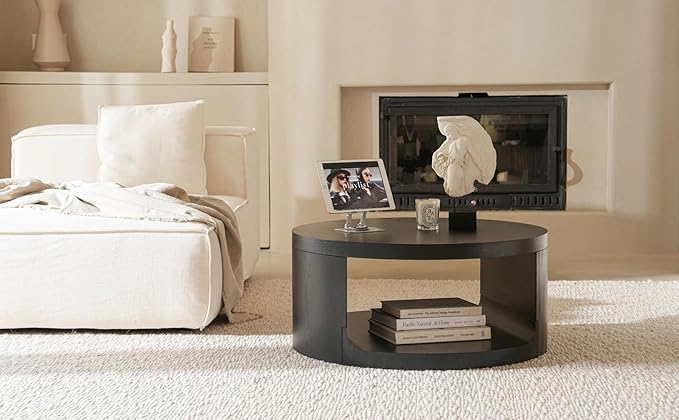 Round Coffee Table with Storage, 31.5" Modern Living Room Table, 2 Tier Circle Wood Center Tables for Apartment, Living Room, Open-Style Storage Black Coffee Tables, 31"*14.1" (Black)