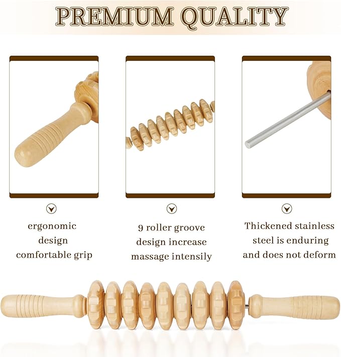 Liitrton Manual Wooden Fascia Massage Roller Trigger Points for Release Cellulite Sore Muscle Blasting (Wood)