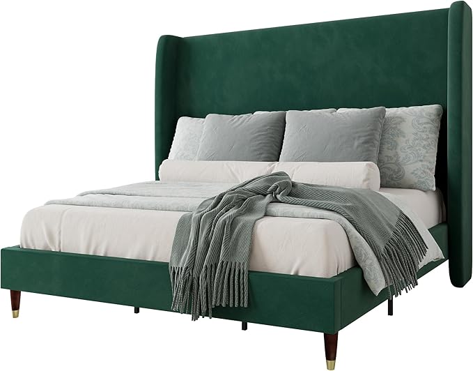 Jocisland Full Size Bed Frame 51.2" Wingback Headboard Velvet Upholstered Platform Bed with Solid Wood Legs & Wooden Slats, No Box Spring Needed, Modern Minimalist Style, Easy Assembly, Dark Green