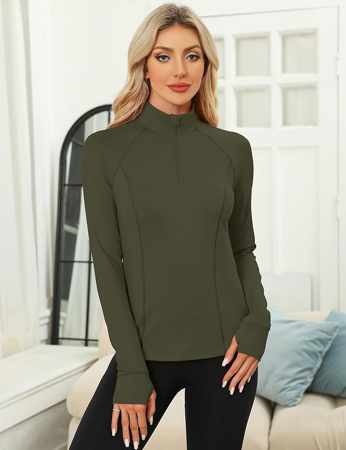 LOMON Women's Long Sleeve Athletic Tops Quarter Zip Workout Shirts Turtle Neck Fall Compression Shirt with Thumb Hole