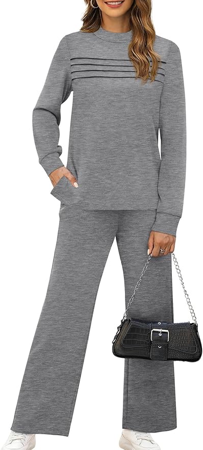 WIHOLL Two Piece Sets for Women Spring Travel Vacation Outfits 2026 Long Sleeve Lounge Sets Side Slit Wide Leg Pants S-3XL