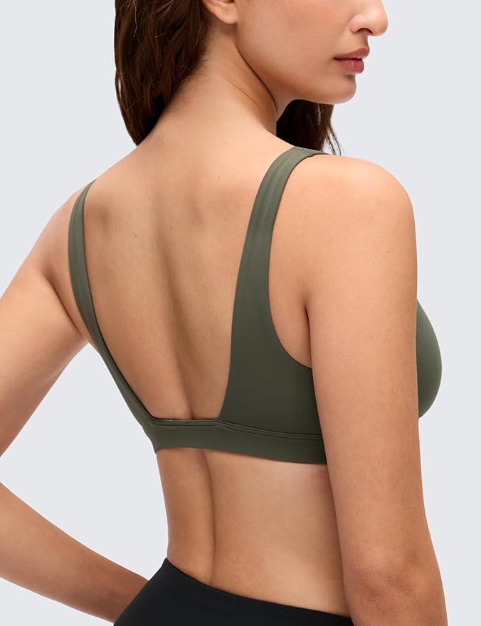 CRZ YOGA Butterluxe Soft Double Lined Deep V Neck Sports Bras for Women - Open Back Yoga Crop Top Casual Non Padded