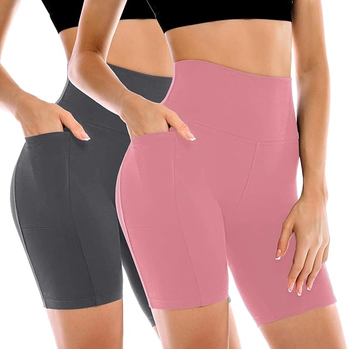 Leafigure 2 Pack Womens Biker Shorts with Pockets, High Waisted Yoga Shorts for Women Running Gym and Workout
