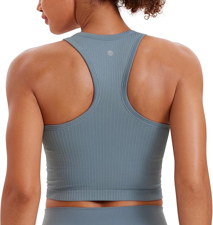 CRZ YOGA Seamless Ribbed High Neck Crop Tank Tops for Women - Longline Racerback Padded Sports Bras