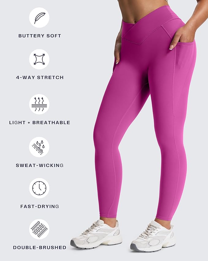 Aoxjox Women's Trinity High Waisted Yoga Pants with Pockets Cross-Waist Tummy Control Buttery Soft Workout Leggings 26"