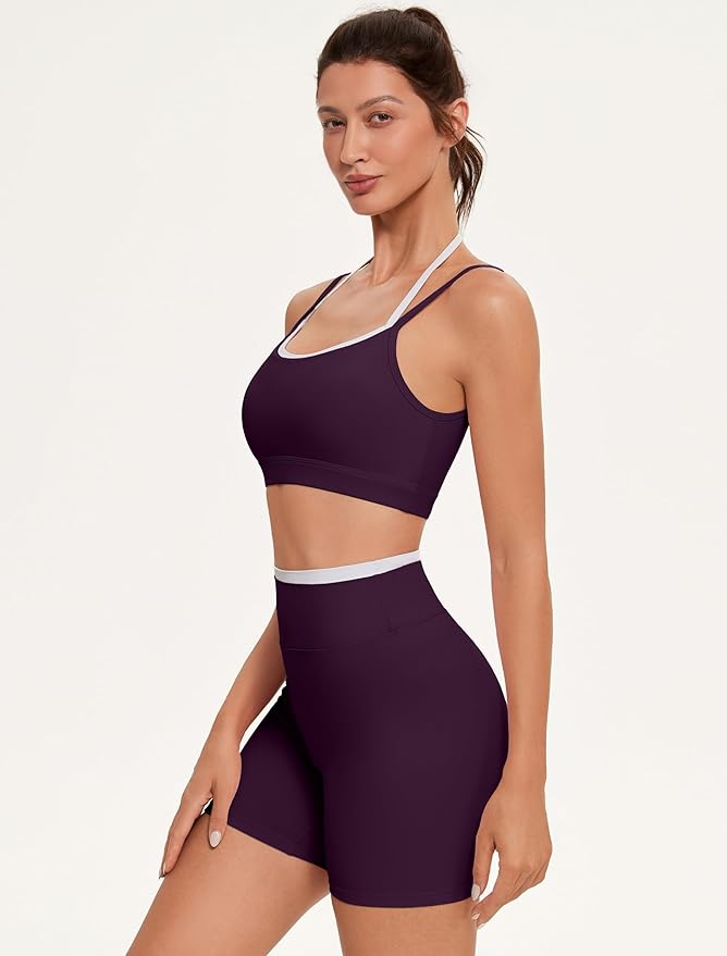 OMKAGI Workout Sets for Women Cute Doubel Layer Open Back Sports Bras Gym Shorts Outfits