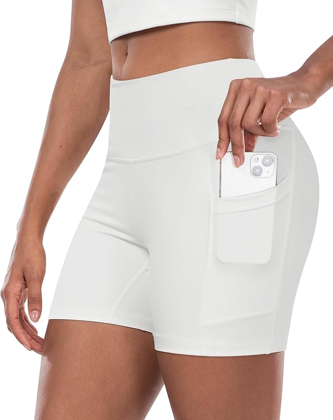 CHRLEISURE Womens Biker Yoga Shorts with Pocket, High Waisted Tummy Control 5 Inch Workout Spandex Athletic Gym Shorts
