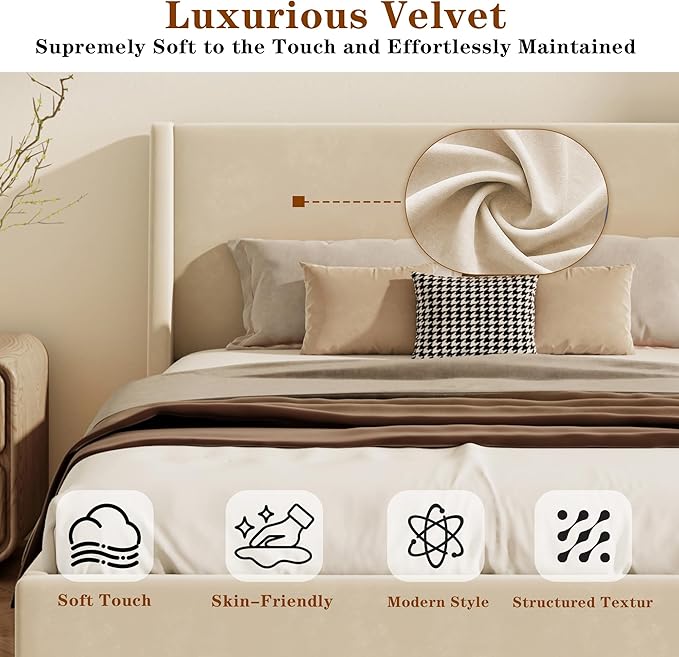 Queen Size Upholstered Platform Bed Frame, Modern Wingback Beds with Tall Headboard, Upholstered Bed Frames with Walnut Wooden Legs, No Box Spring Needed/Easy Assembly, Beige Velvet