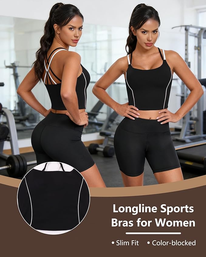 QUOJIZY Longline Sports Bras for Women Spaghetti Straps Tank Top with Built-in Bra Strappy Sports Bra for Yoga