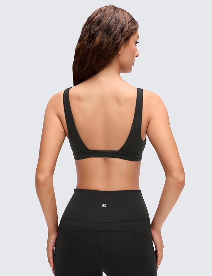 CRZ YOGA Butterluxe Soft Double Lined Deep V Neck Sports Bras for Women - Open Back Yoga Crop Top Casual Non Padded