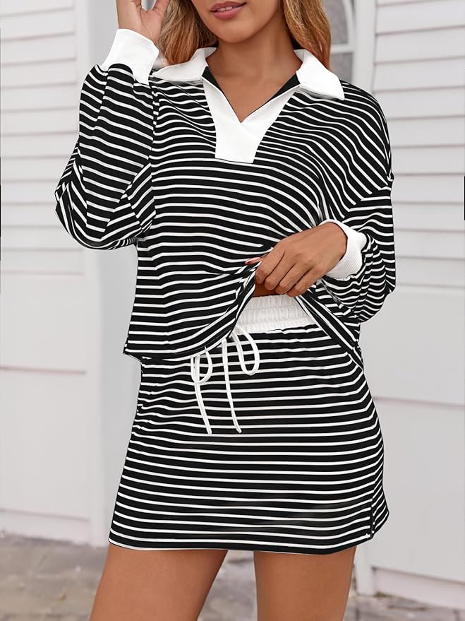 Fisoew Womens Striped 2 Piece Outfits Casual Sweatshirt Skirt Set Long Sleeve Skort Workout Set Matching Lounge Sets