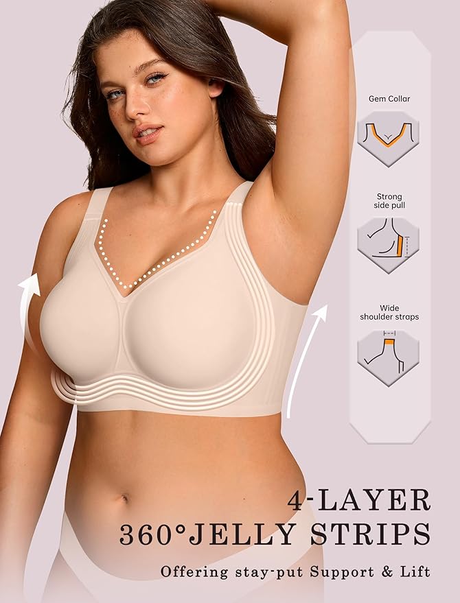 OEAK Womens Wireless Jelly Bra Plus Size Supportive Seamless Bras Full Coverage Push Up Comfortable No Underwire Tshirt Bras