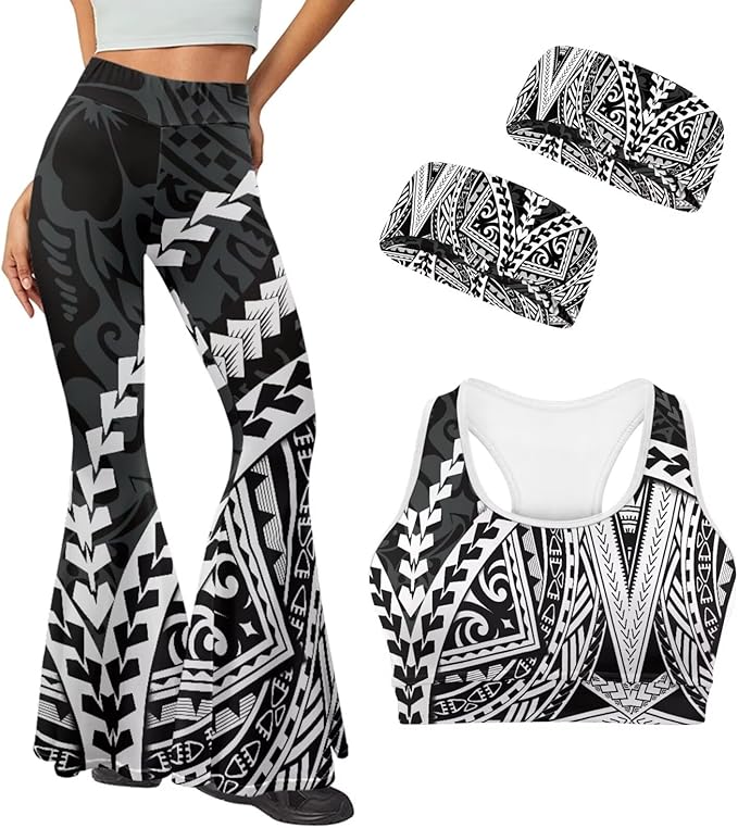 4 Piece Gym Sets Women Racerback Sports Bra with Back Pocket, Matching Flare Yoga Pants And Sweatband