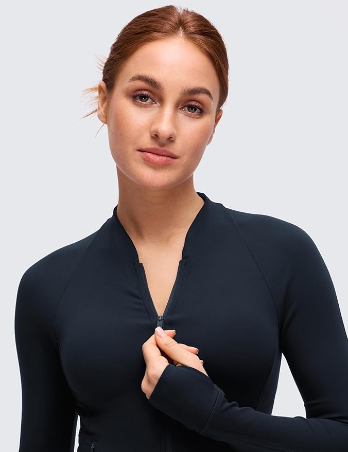 CRZ YOGA Butterluxe V-Neck Jackets for Women - Full Zip Athletic Track Tops with Thumb Holes Pockets