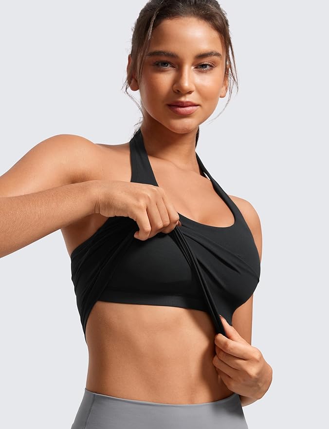 CRZ YOGA Butterluxe Halter Crop Tank Tops for Women - Open Back Padded Longline Sports Bras Workout Gym