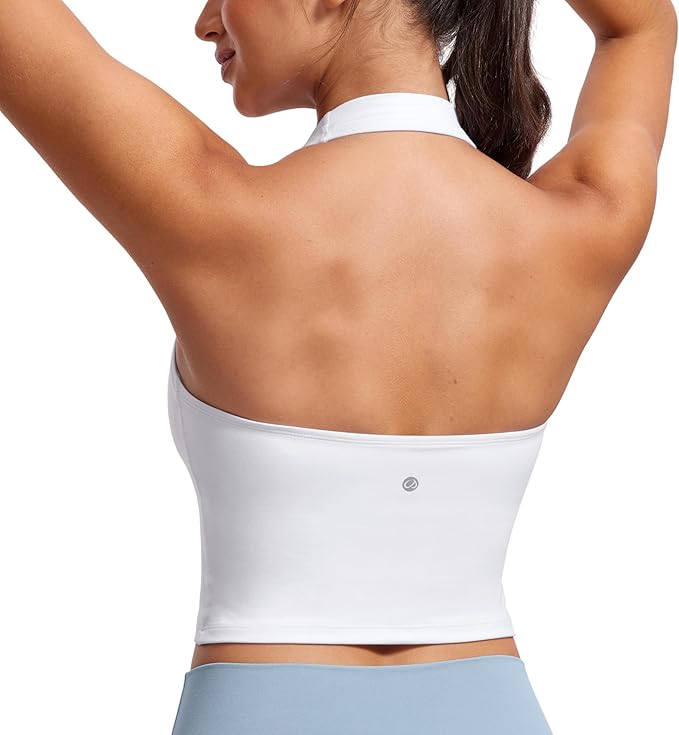 CRZ YOGA Butterluxe Halter Crop Tank Tops for Women - Open Back Padded Longline Sports Bras Workout Gym