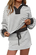 Fisoew Womens Striped 2 Piece Outfits Casual Sweatshirt Skirt Set Long Sleeve Skort Workout Set Matching Lounge Sets