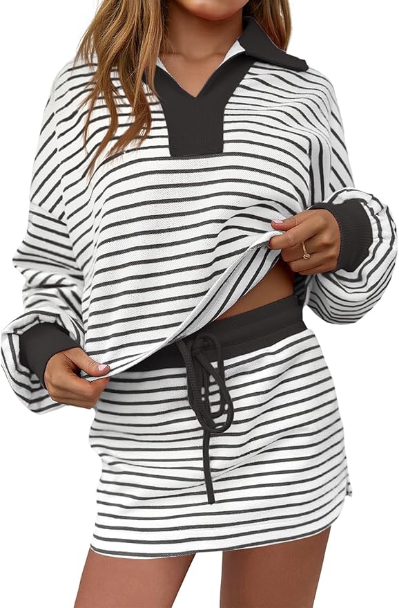 Fisoew Womens Striped 2 Piece Outfits Casual Sweatshirt Skirt Set Long Sleeve Skort Workout Set Matching Lounge Sets