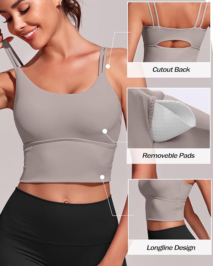Everrysea Sports Bras for Women High Support Longline Workout Tank Tops Built in Bra Strappy Yoga Padded Crop Top
