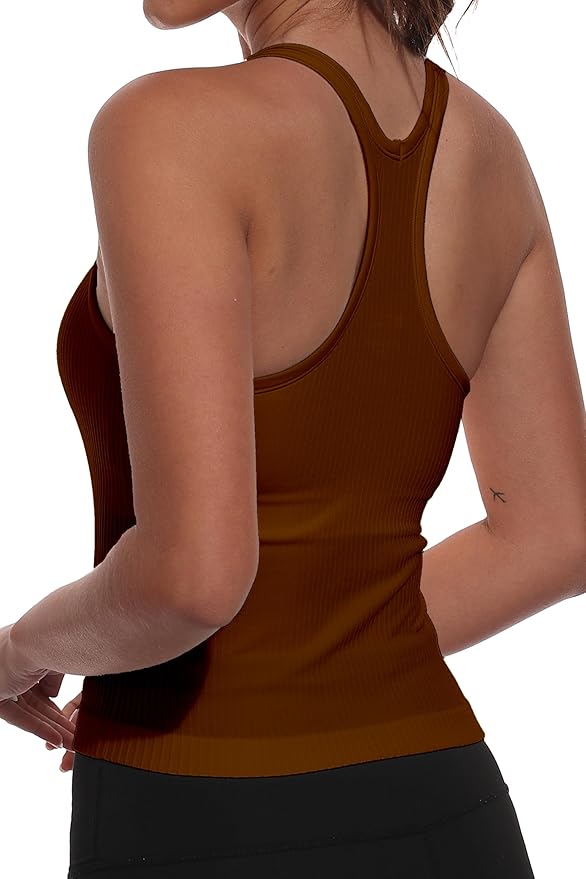YIOIOIO Women Ribbed Workout Crop Tops with Built in Bra Seamless Yoga Racerback Tank Top Tight Fit