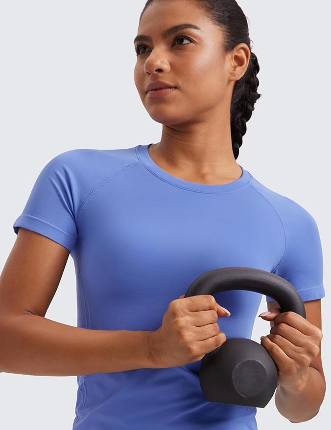 CRZ YOGA Seamless Workout Tops for Women Hip Length - Athletic Running Gym Yoga Short Sleeve Shirts Breathable Crewneck Tees