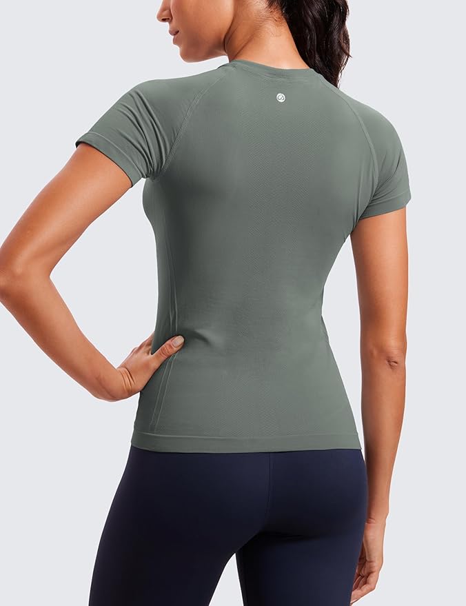 CRZ YOGA Seamless Workout Tops for Women Hip Length - Athletic Running Gym Yoga Short Sleeve Shirts Breathable Crewneck Tees
