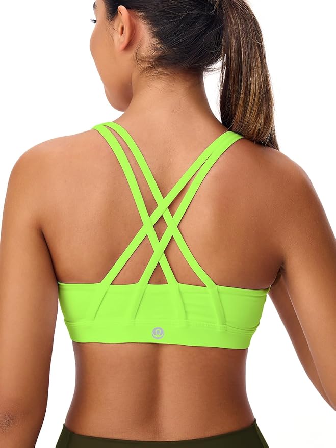 Women's Strappy Sports Bras Light Compression Crop Criss Cross Back Padded Workout Yoga Bra Supportive U Neckline
