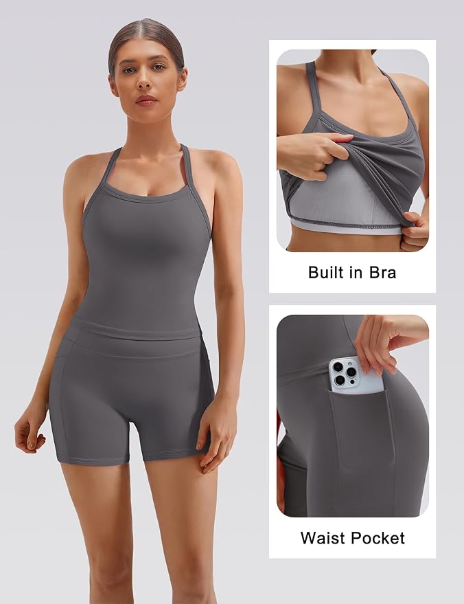 SUUKSESS Women 2 Piece Workout Sets High Waisted Biker Shorts with Pockets Built in bra Racerback Tank Tops