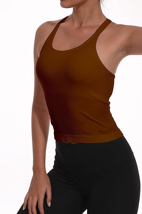 YIOIOIO Women Ribbed Workout Crop Tops with Built in Bra Seamless Yoga Racerback Tank Top Tight Fit